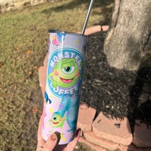Monsters Inc designed 20oz stainless steel tumbler with metal straw